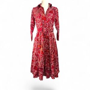 Samantha Sung Red Mosaic Print Linen Shirt Dress 3/4 Sleeve Belted Size 4 EUC